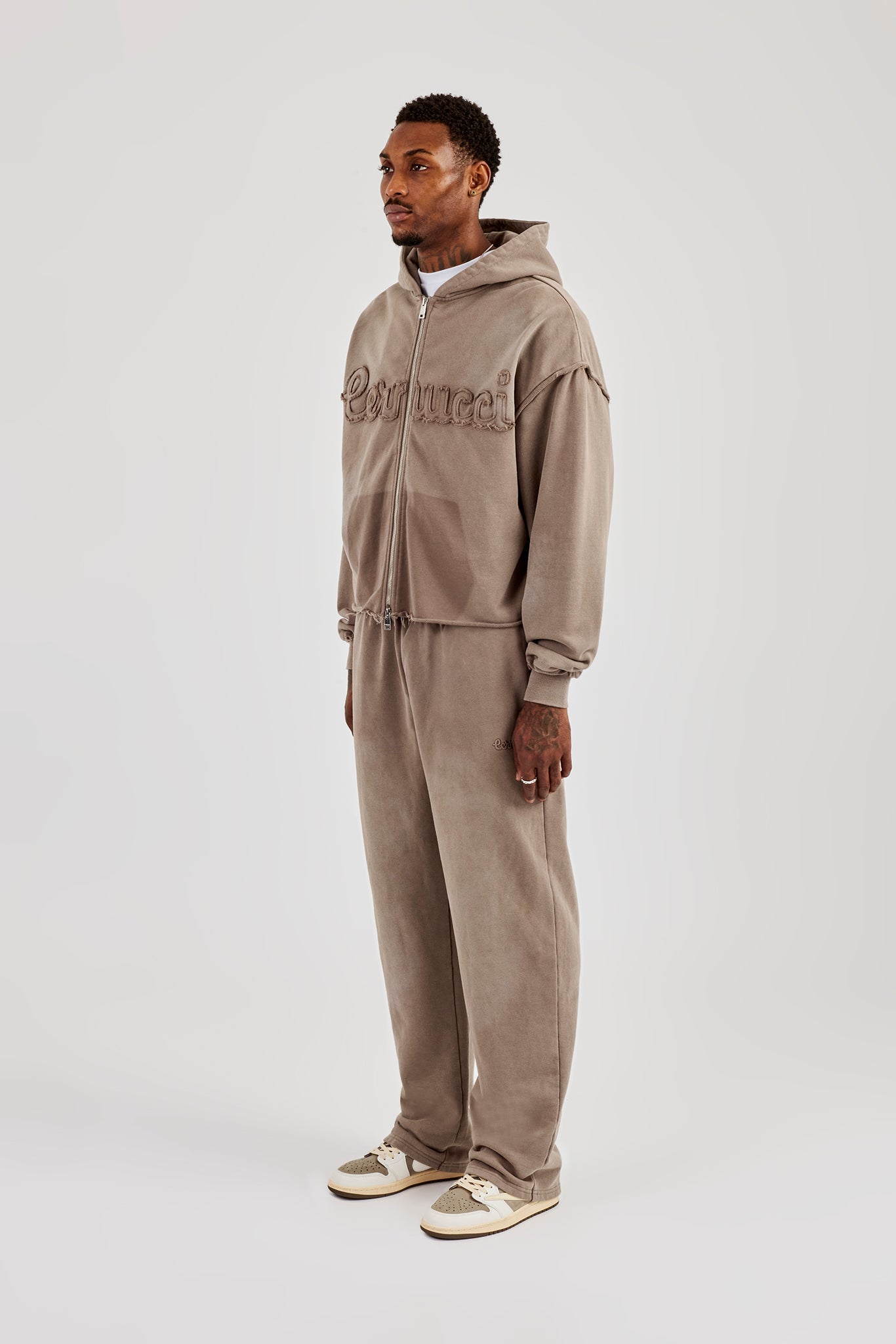 Washed Applique Zip Through Hoodie & Relaxed Jogger - Brown